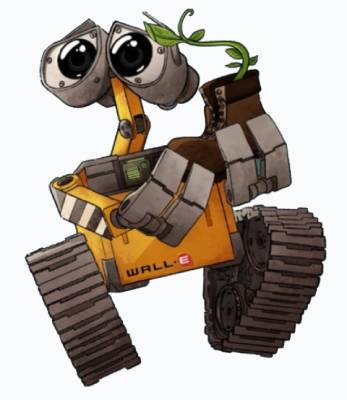 WALL-E holding a boot with a sprouting plant